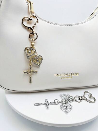 1pc Fashionable & Elegant Crystal Cross Heart Shaped Keychain, Women Bag Charm, Handbag Decor, Key Chain Accessory, Shoulder Bag Decoration, Room Decor, Graceful Crystal Heart Delicate Gift, Keyring Accessory, Christmas, Holiday Gift