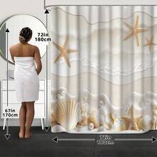 1/4 piezas Cortina de ducha de poliéster de alta calidad con impresión, diseño moderno de estrellas de mar y conchas, resistente al agua y duradera, incluye ganchos y forro, adecuada para la decoración del baño - multicolor - Ver 7