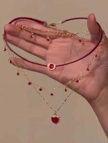 2件套时尚复古优雅情人节多层叠戴高端心形流苏项链，适合女性日常佩戴、派对、情人节约会、礼物