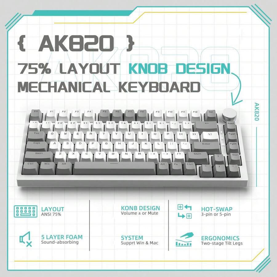 AJAZZ AK820 75% 布局有线机械游戏键盘，带音量旋钮、朝南 LED 背光、PBT 键帽、纯色背光热插拔机械键盘、符合人体工程学设计、可拆卸 USB-C 连接线，附赠拔键器