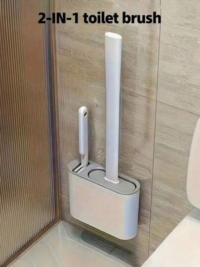 1-Piece Bathroom Two-In-One Toilet Brush Set With Stand, Silicone Cleaning Brush, Wall-Mounted Toilet Brush With Storage Box, Silicone Soft Brush Head, Long Handle Toilet Brush, Multi-Functional Household Brush Wall-Mounted Toilet Cleaning Brush Combination, Suitable For Bathroom, Toilet,