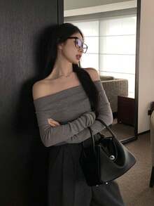 Un hombro de punto las mujeres de otoño de manga larga ajustada camisa de fondo picante sexy sin tirantes tops cortos blusas elegantes dama - Gris - Ver 5