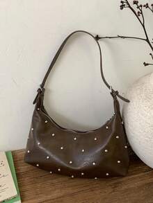 BEIKAMU Fashion Rivet Decor PU Crossbody Bag, Adjustable Shoulder Strap Zipper Closure Versatile Shoulder Bag Messenger Bag, Suitable For University, Commuting, Shopping, Strolling, Daily Use - Coffee - View 6