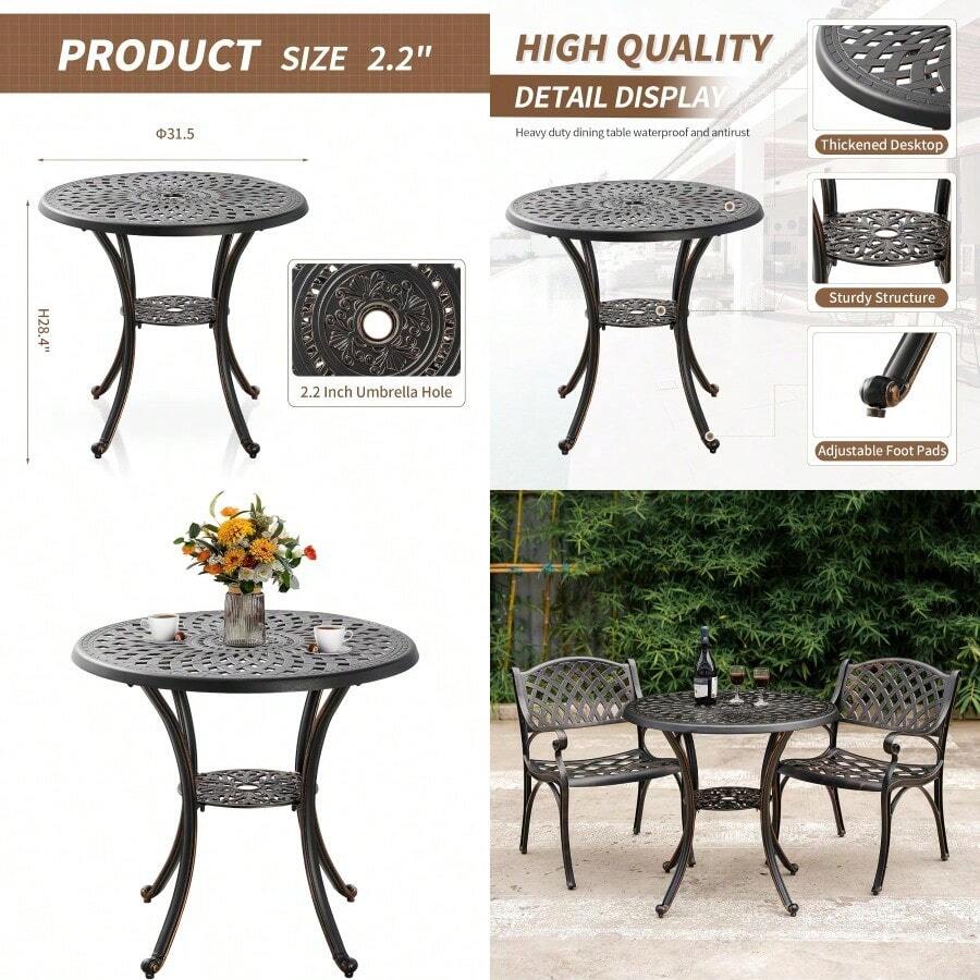 Mesa de comedor redonda de 31 pulgadas con agujero para paraguas mesa auxiliar de aluminio fundido para patio trasero jardín patio porcheOutdoor Dining Tables - Negro - Ver 1
