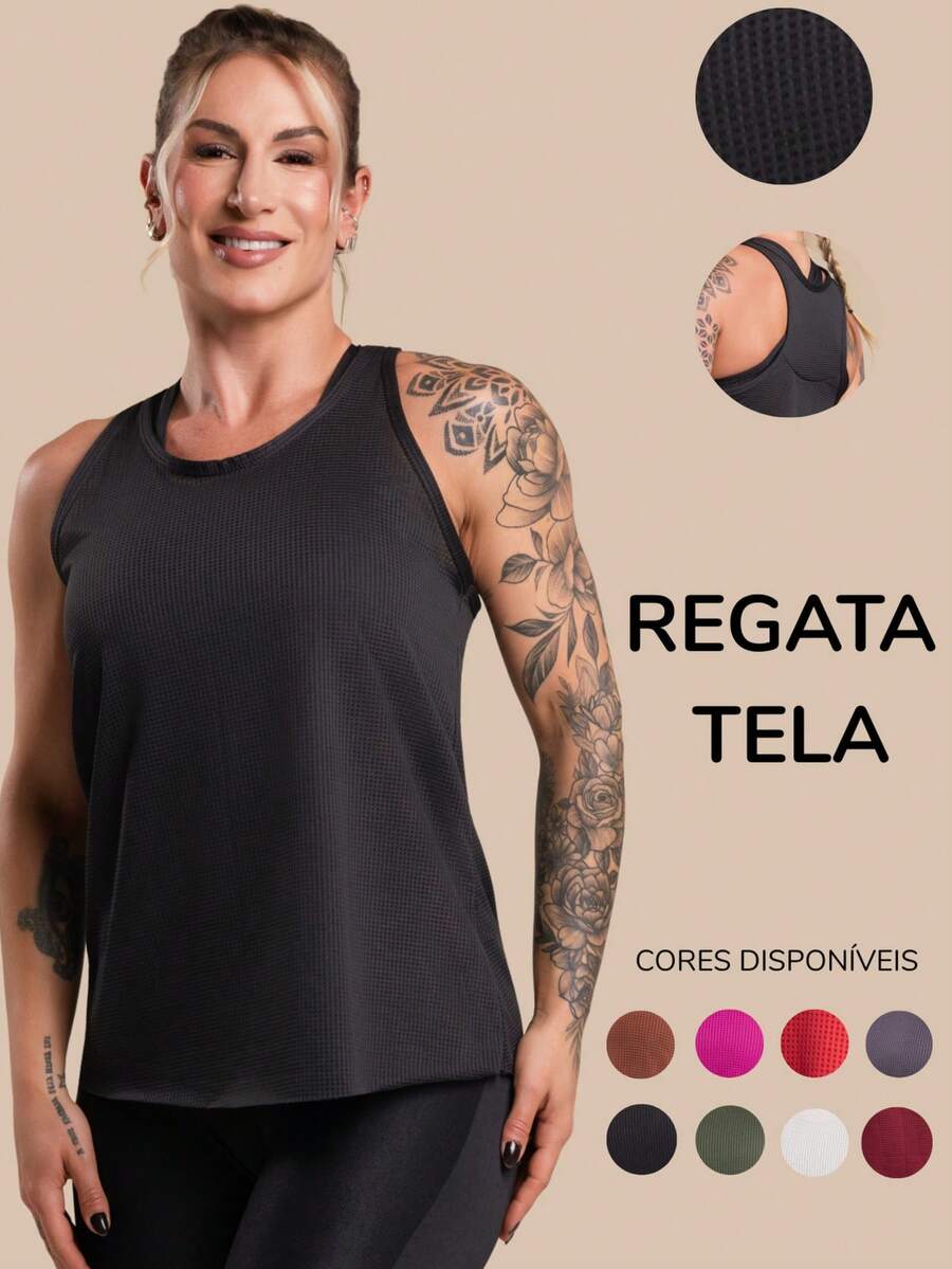 Women's Basic Plain Tank Top, Racerback Style, Mesh, Gym T-Shirt, Lightweight Fabric, Perforated, RIQ Modas - Black - View 1