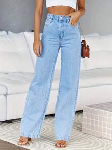 Women's Light Blue Casual Mid-Rise Wide-Leg Jeans - Elegant Straight-Leg Trousers - Solid Color Woven Trousers Suitable For All Seasons, Casual Everyday Wear - 淺藍色 - 查看 2