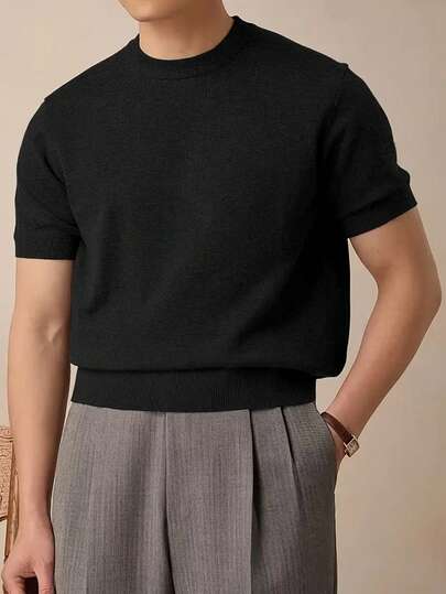 男士简约纯色短袖圆领罗纹针织上衣（1件）