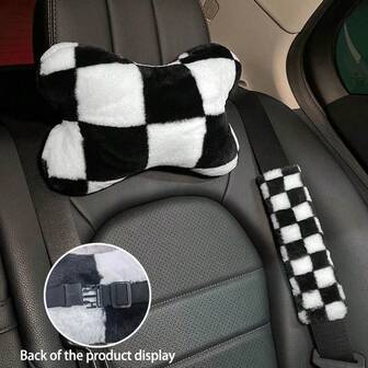 1pc Comfortable Driving Neck Pillow, Black & White Car Headrest - Soft Neck Support Cushion Fits Most Vehicles, Adjustable Elastic Strap Design, Suitable For All Seasons, Made Of Polyester