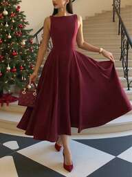 Elegant French Romantic Backless Hollow-Out Cinched Waist Sexy Charming Maxi Dress, Burgundy, Suitable For Christmas, Holiday Party, Date