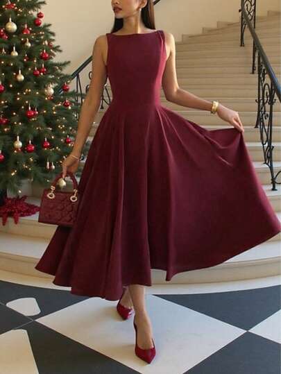 Elegant French Romantic Backless Hollow-Out Cinched Waist Sexy Charming Maxi Dress, Burgundy, Suitable For Christmas, Holiday Party, Date