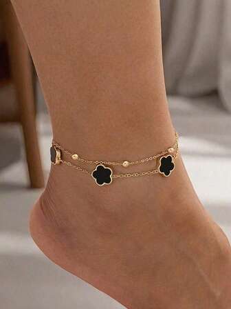 1件优雅尺寸，简约百搭不锈钢五瓣花吊坠脚链，黑色和金色，花朵造型，多层串珠和十字链设计，适合日常通勤/休闲场合/所有季节佩戴。