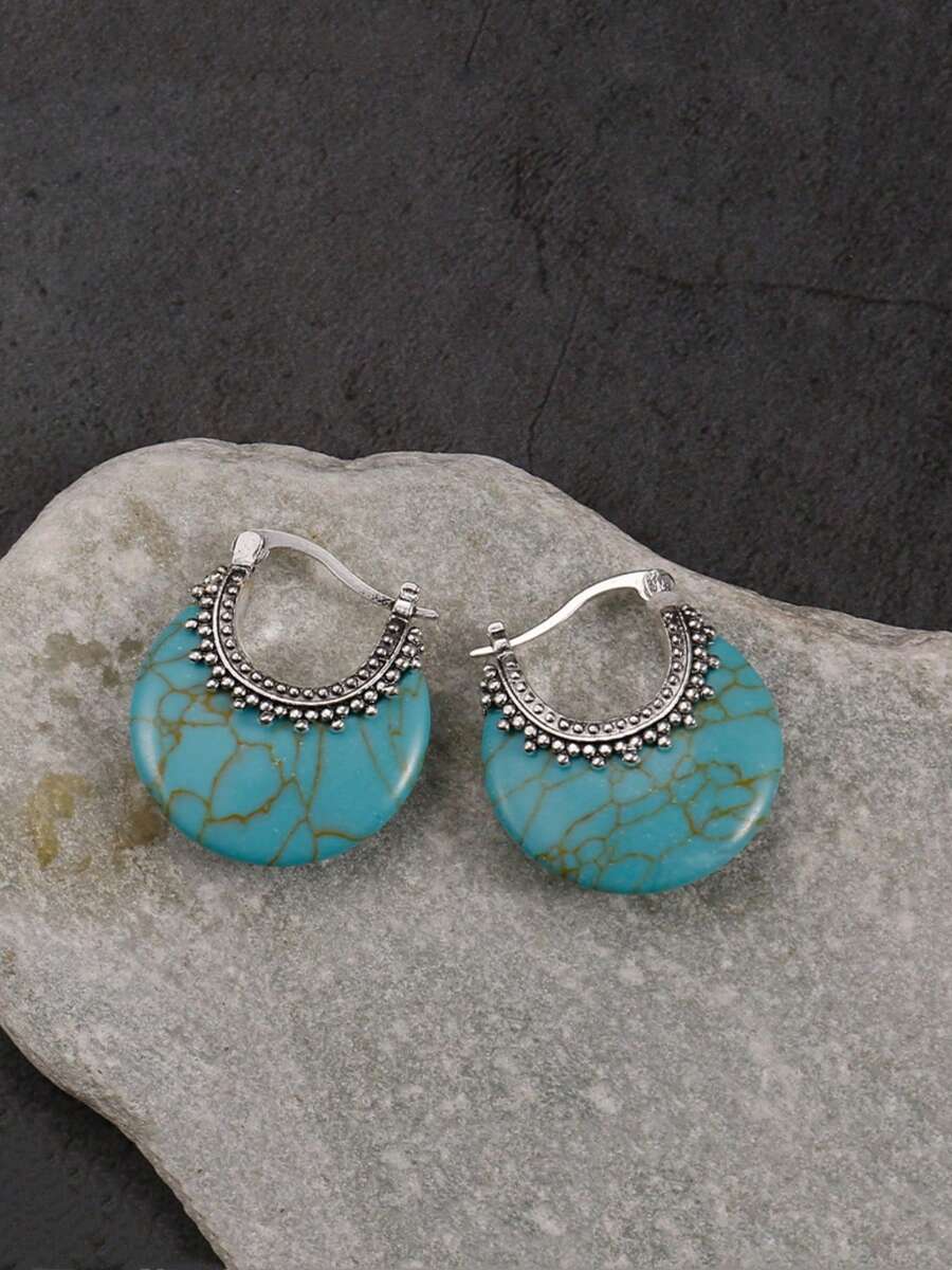 Pendientes de aro estilo bohemio, pendientes colgantes decorados con turquesa sintética - Plateado - Ver 1
