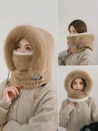 1 st. damvintermössa och halsvärmare-kombination, förtjockad vindtät öronskyddande pulloverkeps, töjbar lätt och varm, för cykling i kallt väder, utomhus (bokstäverna på mössans etikett är slumpmässiga)