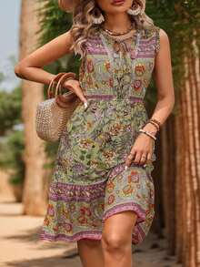 Váy đi nghỉ mát thường ngày họa tiết Paisley toàn thân mới thời trang, viền xếp nếp, phía trước xoắn dành cho nữ - Màu Khaki - Xem 9