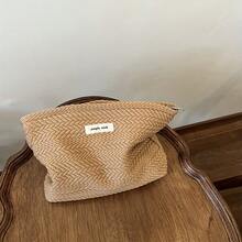 1 bolso de mano de tela tejida con estampado de orejas de arroz, estilo artístico y de alta gama, con cremallera cuadrada. - camello - Ver 6