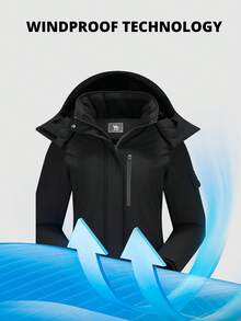 CAMEL CROWN 女士防水保暖滑雪服，带抓绒内衬和帽子，冬季滑雪服 - 黑色 - 查看 4