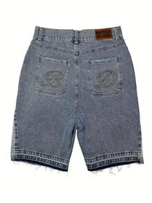Mens Letter Embroidery Denim Shorts Fashion Casual Self-Cultivation Denim Shorts Hip Hop Zip Up Shorts With Pockets - 藍色 - 查看 2