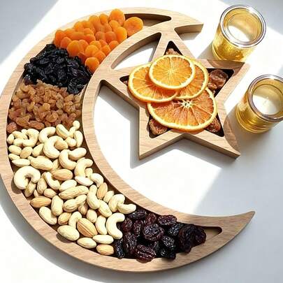 1 Piece A Moon And Star Design Wooden Tray, Suitable For Home Party Decorations, Celebrations, Centerpiecesfruit And Desserts, Dinner Plates, And As A Ramadan Decoration, Ramadan Decoration, Food Tray, Baking, Restaurant Accessories, Kitchen Gadgets