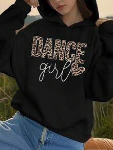 1 Stück Valentinstag Lässig bedruckter Pullover Sweatshirt für Tween-Mädchen, Herbst/Winter - Spaßig und farbenfroher Kapuzen-Sweatshirt, der die Fantasie der Kinder anregt, Leoparden-Muster & Englische Buchstaben Design