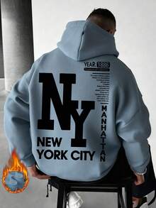 男士休闲纽约缩写印花连帽卫衣，返校季，秋冬季 - 淺藍色 - 查看 3