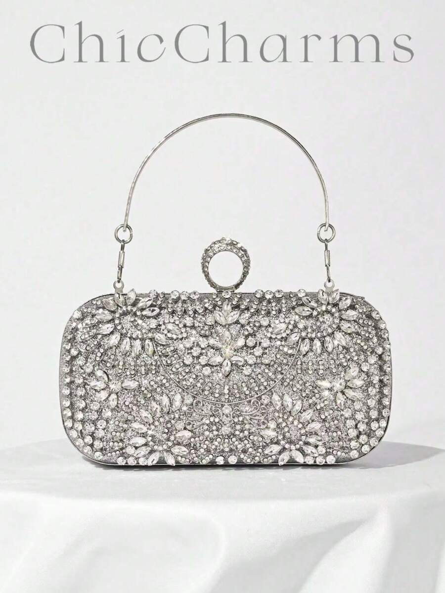 水钻装饰晚宴手拿包，女士派对手提包，非常适合派对婚礼舞会晚宴/宴会，搭配节日派对礼服晚礼服和亮片礼服 - 銀色 - 查看 1