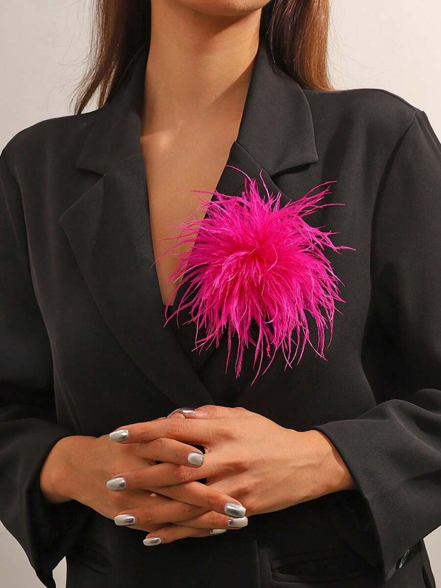 One Piece Set/Creative Handmade Unique Bohemian Style Feather Flower Brooch, Exaggerated Design Feather Flower Brooch, Elegant Niche Style, Suitable For Women's Daily Wear, Banquets, Parties, Any Occasion, Also An Ideal Gift For Her, Summer Headwear - 玫紅色 - 查看 1