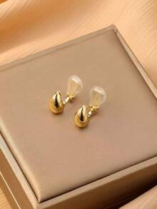 1 Pair Fashionable Mini Water Drop Copper Earrings For Women, Clip-On Earrings With Elegant Vibe, Suitable For Daily Wear And Gifts - Ear Clip - View 4
