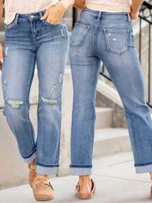 全新女式时尚弹力破洞修身牛仔裤，带口袋 - 时尚弹力直筒牛仔裤