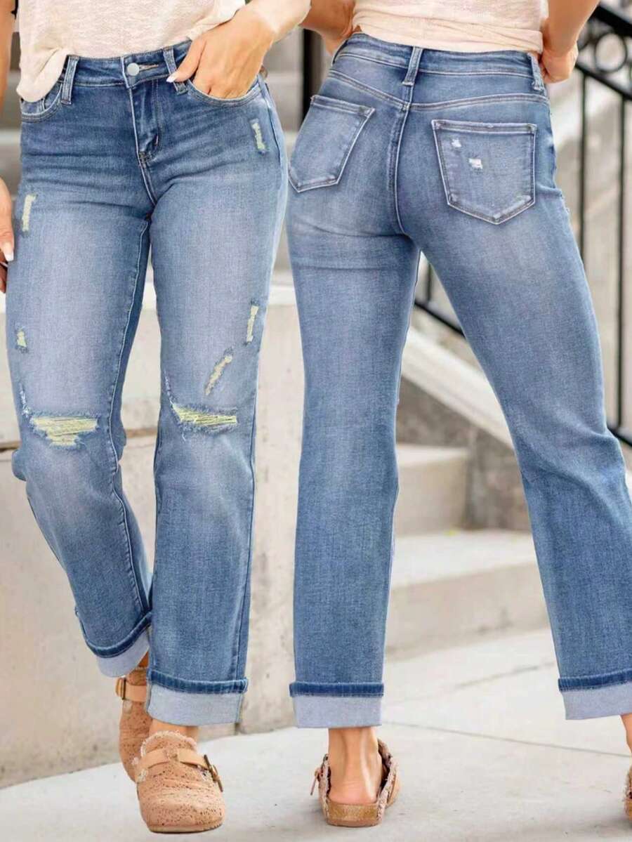 全新女式时尚弹力破洞修身牛仔裤，带口袋 - 时尚弹力直筒牛仔裤