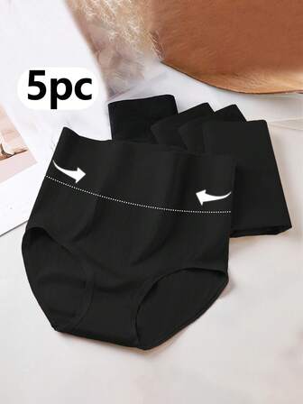 5pcs Women's Shorts/Briefs, Solid Color, High Waist, Seamless, Comfortable, Slimming, Postpartum Shaping Tummy Control