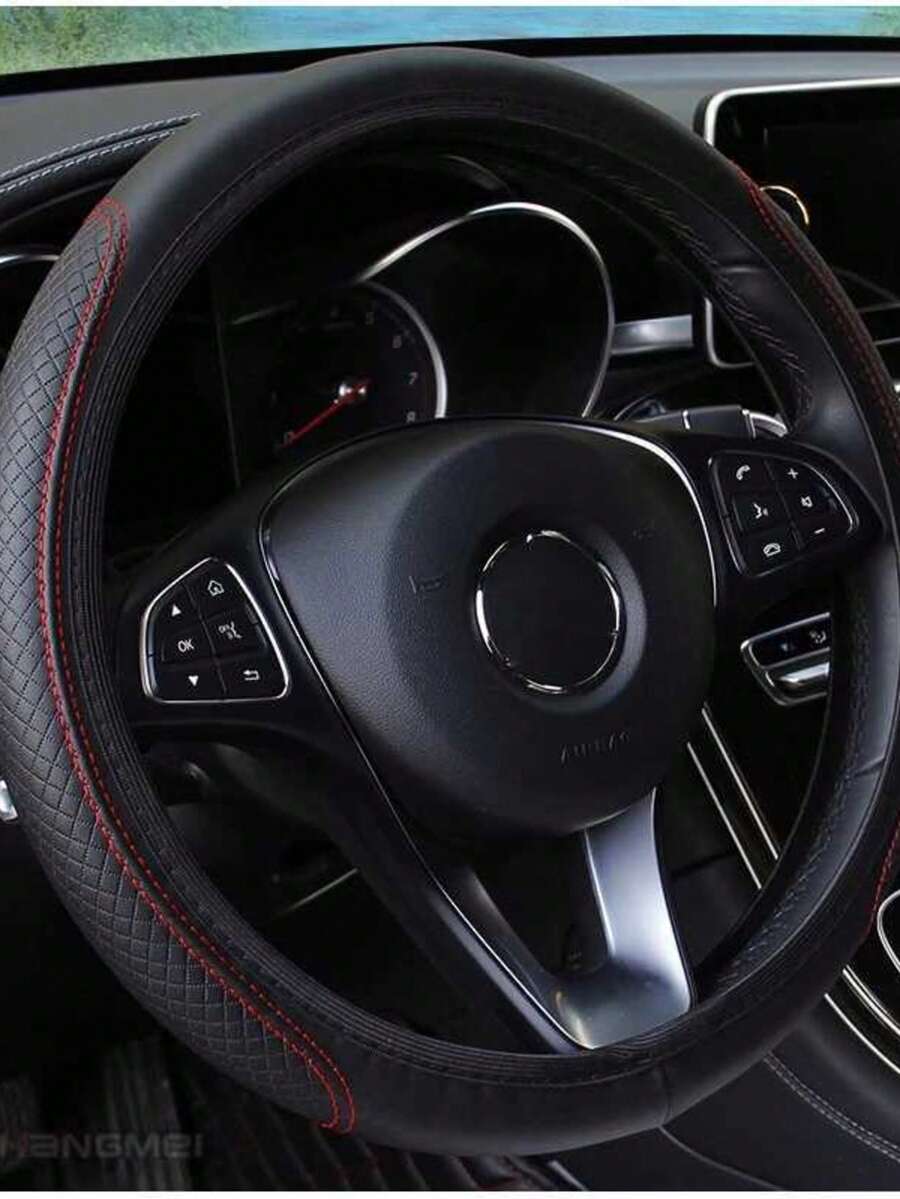 Universal Traditional Tuning Steering Wheel Cover, Plain Black, Non-Slip - Black and Silver - View 1