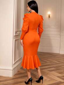 AOMEI Elegant Women's Orange Puff Sleeve Mermaid Midi Dress, Decorated With Lace Floral Appliques, Suitable For Formal Dinners, Cocktail Parties, New Year's Eve And Other Occasions, Fashionable And Distinctive, Autumn/Winter Women's Wear, Great Valentine's Day Gift Party - Orange - View 2