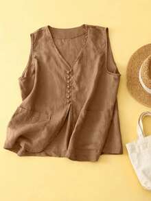 艺术亚麻马甲外套新款单排扣叠层无袖上衣极简短款女式上衣，夏季亚麻女裙，复古波西米亚风半身裙