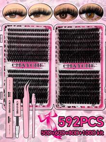 640/592/576片D型卷翘10-16mm混合假睫毛，大容量10D-150D DIY睫毛簇套装，包含粘合剂、睫毛刷和睫毛嫁接镊子，妆效自然，可重复使用，适合日常妆容、婚礼、派对、圣诞节和旅行使用。 - 粉色 - 查看 4