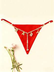 Customized Thong Panties With Metal Pendant Charms, Can Be Engraved With Names/Initials, Sexy Personalized Thong, Can Customize Any Name, Couples Gift, Christmas Outfit, Christmas Gift, Merry Christmas, Customized Christmas Lingerie - Red - View 1