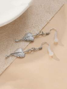 Vintage Handcrafted Asymmetrical Leaf Heart Pendant Earrings, Bohemian Style For Travel, Party, And Daily Wear - Silver - View 4