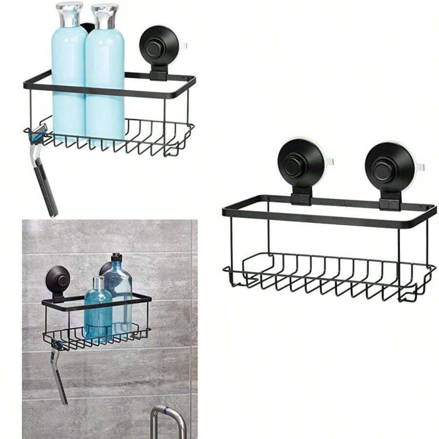 iDesign Everett Metal Push Lock Suction Corner Shower , Extra Space for Shampoo, , and Soap with Hooks for Razors, Towels, Loofahs, and More, 5.58" x 10.58" x 6.67", Basket(Cesta) - Multicolor - Ver 1