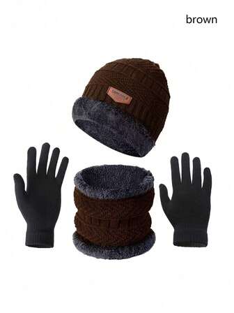 1件/3件套冬季针织帽围脖手套套装，弹性双层保暖帽+围巾+手套组合，适合冬季保暖，圣诞礼物，新年礼物，户外保暖套装，内衬颜色随机（款式1-款式3颜色随机），男士冬季头套