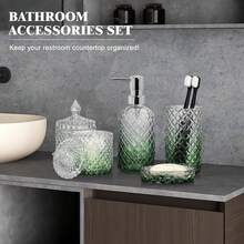 5-Piece Green Gradient Glass Bathroom Accessories Set - Includes Soap/Lotion Dispenser With Matching Dish, Toothbrush Holder, Tumbler & Jar. A Modern Vintage Complete Organizer & Luxury Housewarming Gift - 綠色 - 查看 6