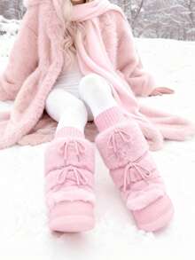 Knee High Boots For Women,Fuzzy Flat Round Toe Rhinestone Lace-Up Slip On Warm Shoes Winter Outdoor Party Chirstmas And Halloween Snow Boots - 粉色 - 查看 3