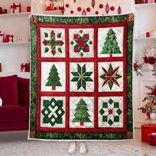 Christmas Tree Star Quilt Blanket Red Green Holiday Bedding Farmhouse Christmas Throw Blanket Cozy Xmas DecorXmas  Decor - 黑色 - 查看 1