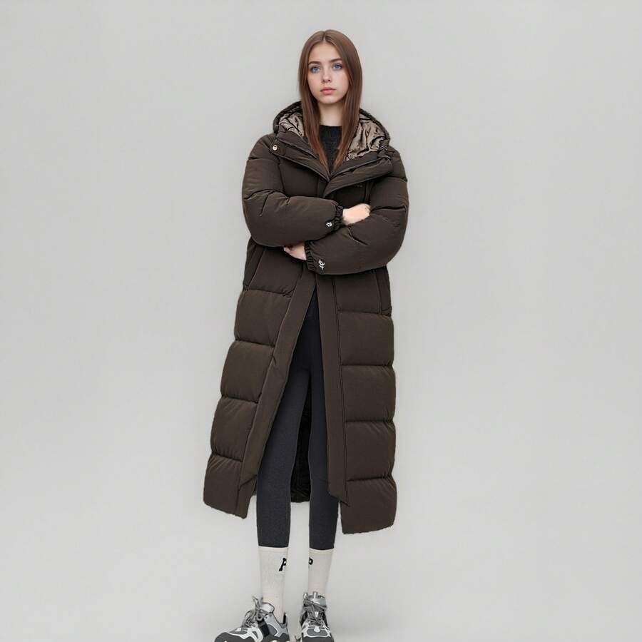 Adidas Unisex Long Down Jacket, 2025 Winter New Style, Thickened Hooded Windproof Coat. - Dark Brown - View 1