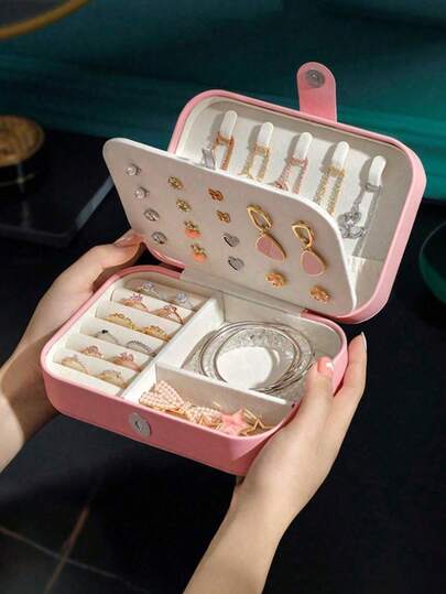 1pc Portable Travel Jewelry Box, Mini Jewelry Box, Small Travel Jewelry Storage Box, Portable Jewelry Display Box, Suitable For Rings, Earrings, Necklaces, Gifts, PU Waterproof Jewelry Box, Large Capacity Jewelry Display Box, Mini Double-Layer Ring Box, Storage Box, Gift Box, Jewelry Box,Room Decor