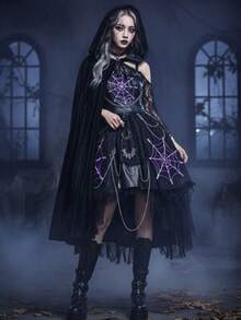 1pc Unisex Adult Black Sheer Knit Hooded Cloak Cape, Single Layer Costume For Halloween, Christmas, Masquerade Party, Witch, Demon, Vampire, Elf Cosplay, Grim Reaper Robe With Hood, Total Length 1.7m - Multicolor - View 4