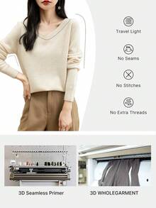 女士毛衣 一字无缝毛衣 女士 V 领毛衣 秋冬长袖柔软针织套头衫 - 米色 - 查看 5