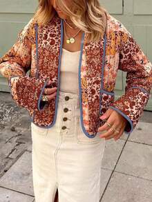 Women's Reversible Floral Quilted Jacket Cropped Puffer Cardigan Open Front Lightweight - 棕色 - 查看 6