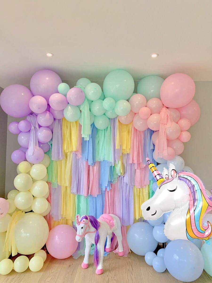 134pcs Macaron Unicorn Party Supplies Set, Includes Macaron Unicorns, Pink, Blue, Yellow, Purple, Green Macaron Latex Balloons For Birthday Party Decorations, Animal Foil Balloons, Macaron Themed Birthday Party, Animal Party Decor, Party Supplies, Unicorn Themed Birthday Party, Gender Reveal, Birthday Party Favors - Multicolor - View 1