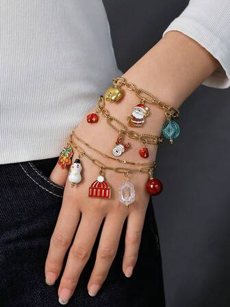 1 pieza Brazalete de acero inoxidable con colgante de diseño navideño de copo de nieve, Papá Noel, gorro de Papá Noel, reno y manzana, lindo y de moda, adecuado para fiestas navideñas, uso diario y como regalo para mujeres