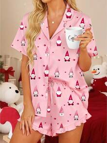 2Pcs Christmas Pajamas Sets For Women Lapel V Neck Short Sleeve Christmas Themed Print Tops And Drawstring Waist Shorts - Pink - View 1