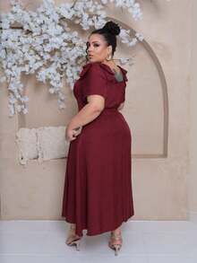 Women's Plus Size Midi Dress With Lined Square Neckline, Short Sleeves, Shoulder Tie, Padded Cups And Elastic Back In Duna Linen - Elegant Fashion Party Dress - 酒紅色 - 查看 3